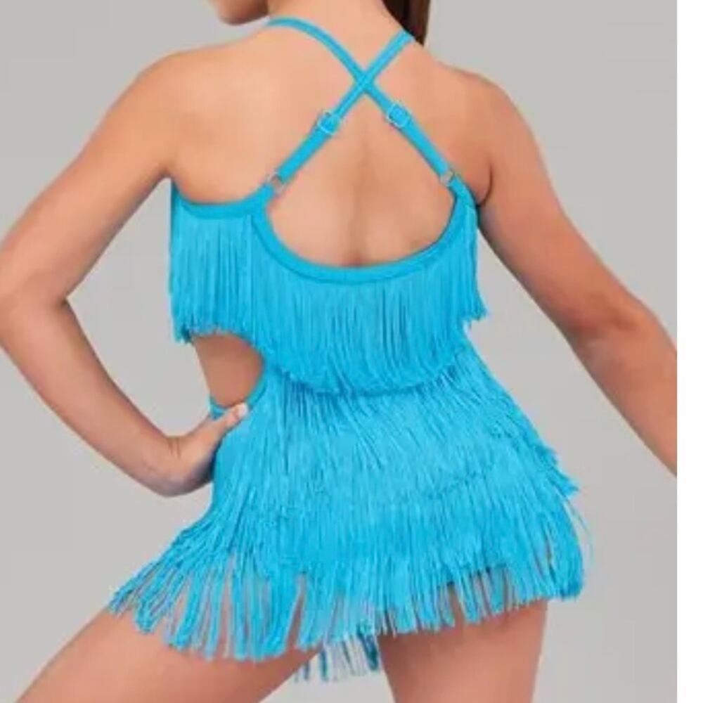 Weissman blue “see me now” cut out Fringe Dance Costume size Medium Child - Picture 3 of 10